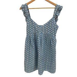 La Lavon Blue Daisy Floral Ruffle Strap Cotton Mini Dress L Cottagecore Lined